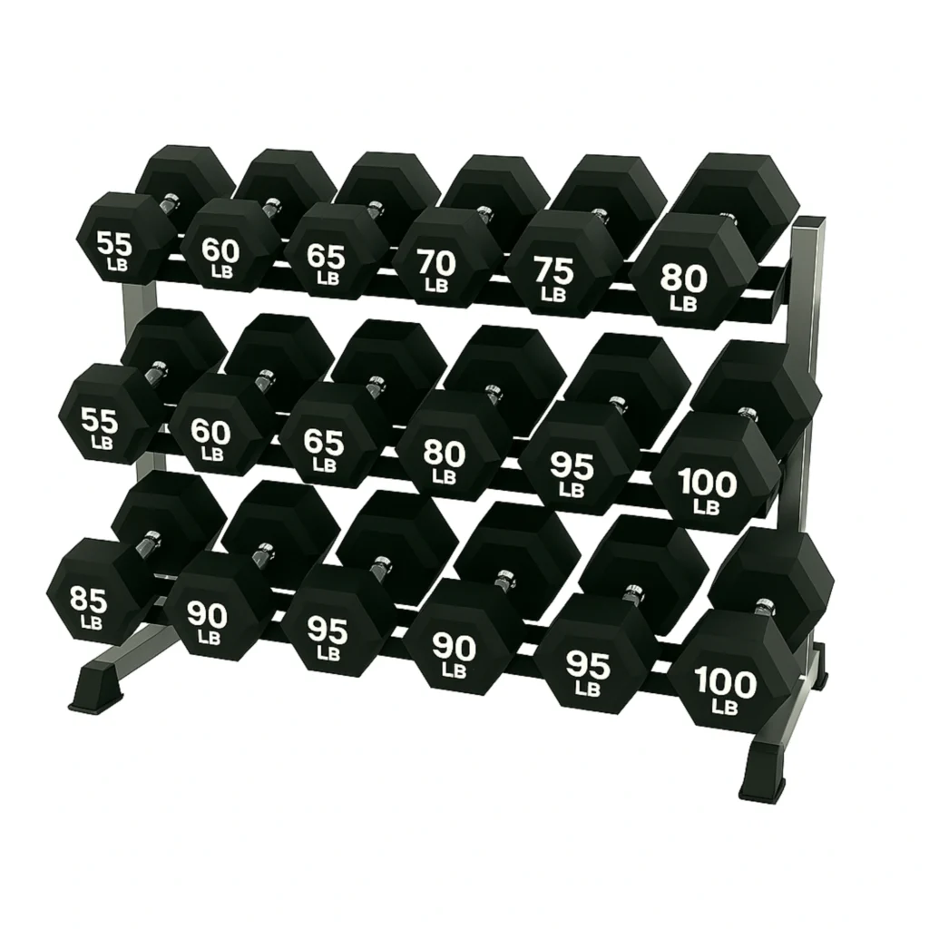 RACK CON 10 PARES DE MANCUERNAS HEXAGONALES (55 lbs – 100 lbs)